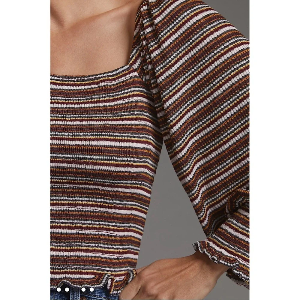 Anthropologie Smocked Puff Sleeved Top Women's Size L Striped Cropped Stretch